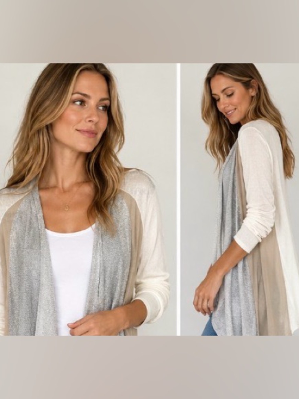 Escada Sport Silver Ivory Metallic Colorblock Draped Open Front Cardigan M